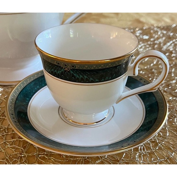 Lenox Bone China Classic Edition Footed Cup & Saucer Set, White, Green Marble - Picture 2 of 10
